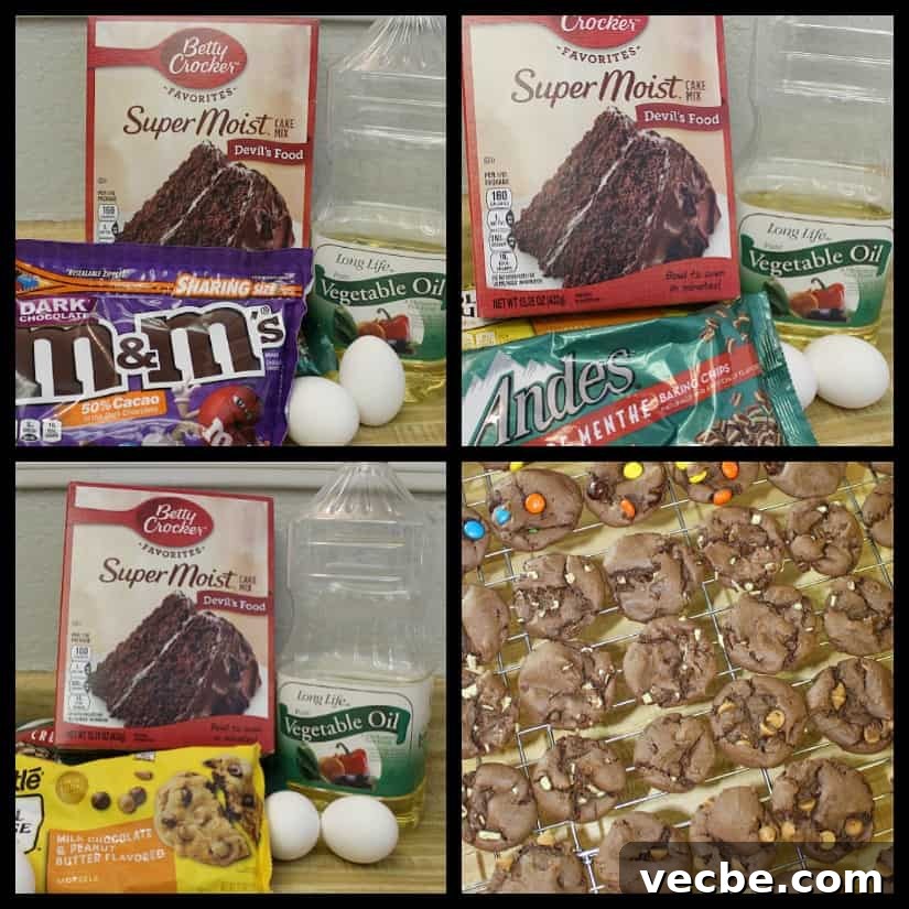 Chocolate Cake Mix Cookies are versatile, use your favorite baking chip to perfect the cookie to your taste. 4 pics of chocolate cookies with different baking chips.