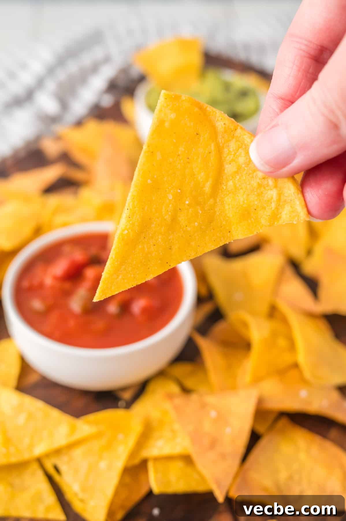 Crispy Baked Corn Tortilla Chips Recipe 7 A closeup of a hand holding a freshly baked corn tortilla chip - Hostess At Heart