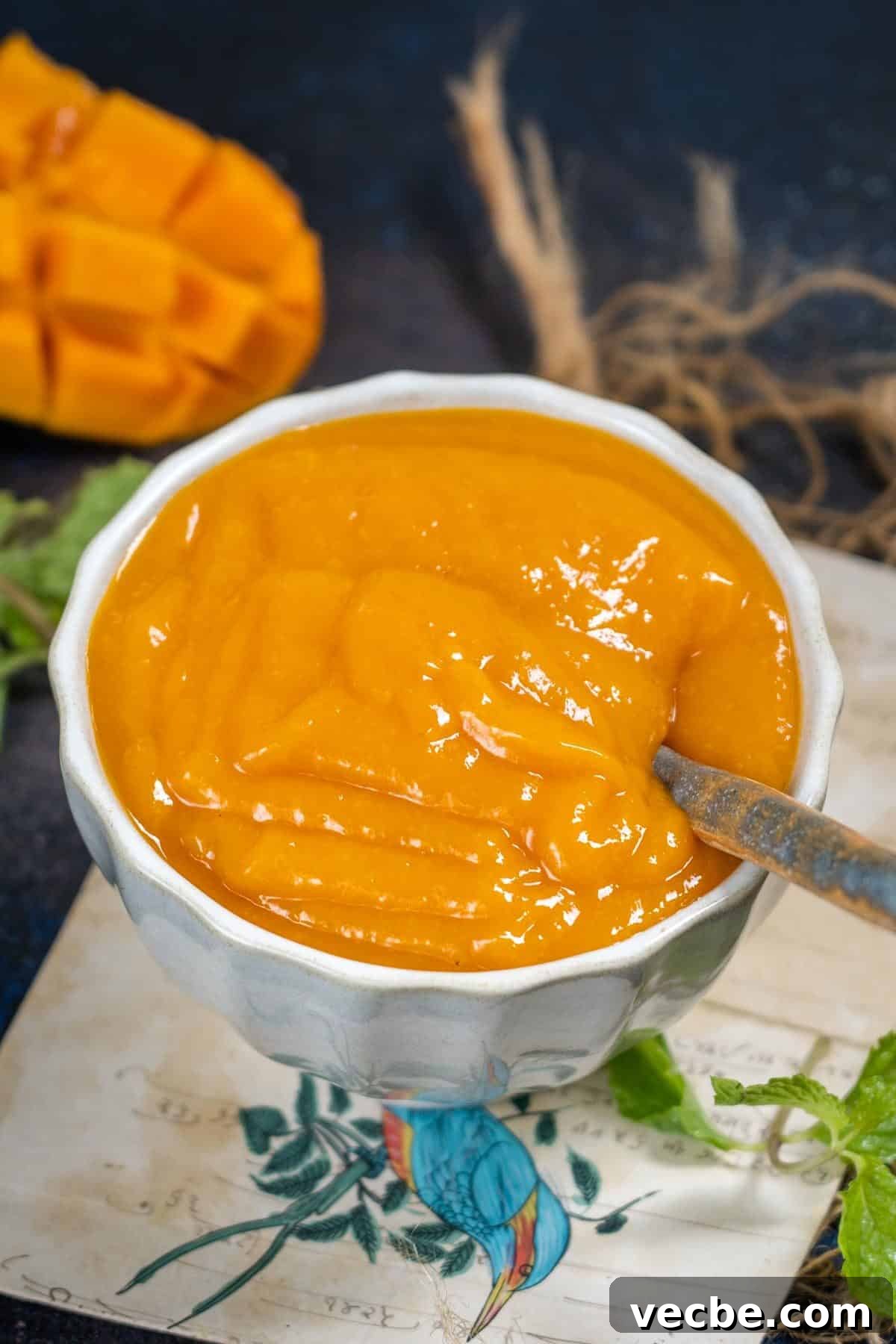 Mango Coulis Recipe: Silky Sweet Sauce for Desserts 2 Mango coulis served in a bowl.