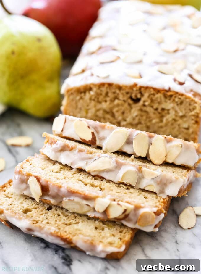 Almond-Glazed Pear Loaf Recipe 2 pear bread sliced into four pieces