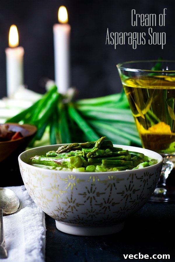 Creamy Asparagus Soup with Crispy Bacon 2 A bowl of Cream of Asparagus Soup.