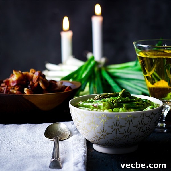 Creamy Asparagus Soup with Crispy Bacon 5 A bowl of Cream of Asparagus Soup.