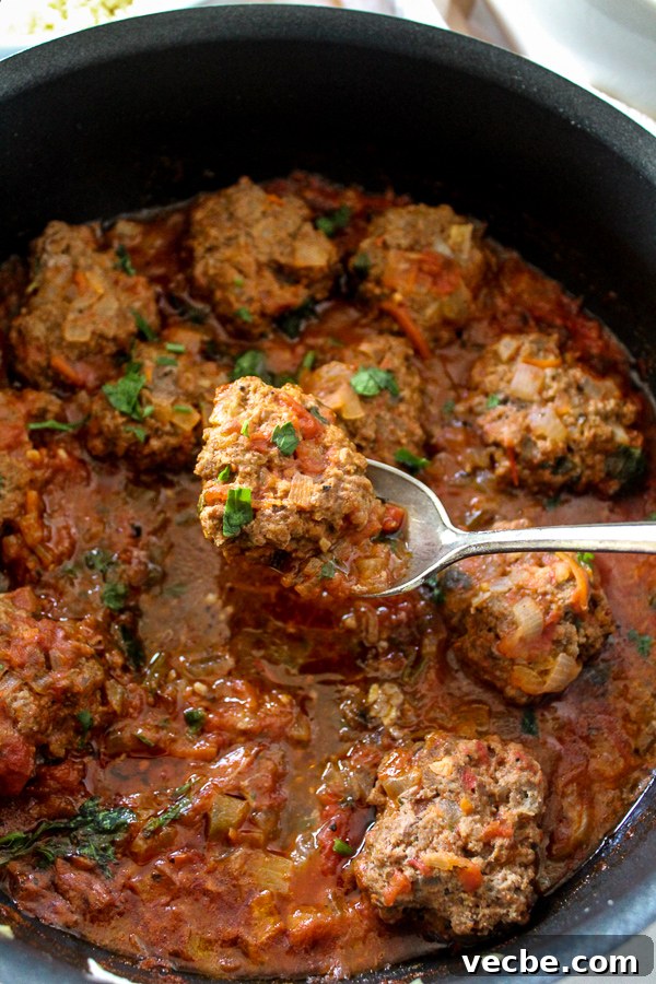 Moroccan Kefta Meatballs in Spiced Tomato Sauce 2 Kofta meatballs with bits of onion and parsley in a rich tomato sauce and a spoon holding a meatball.