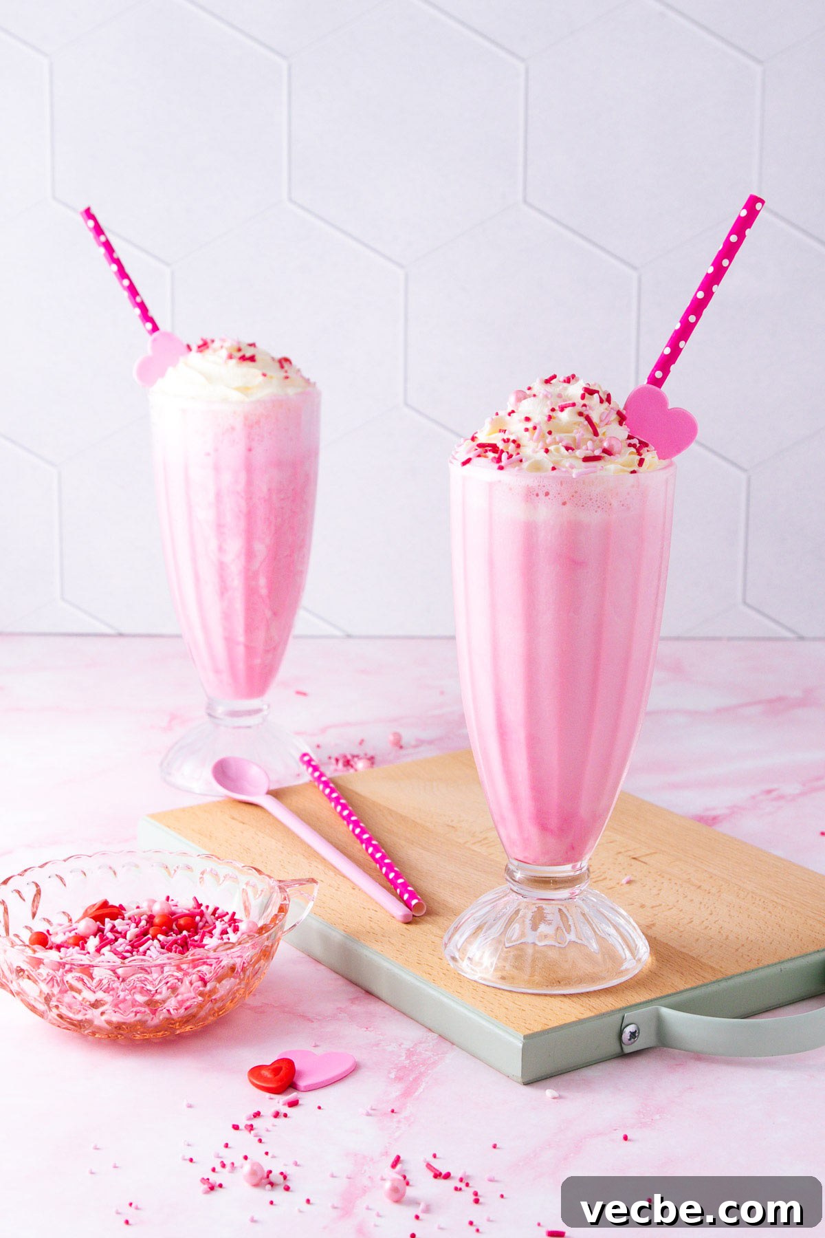 Pink Panther Raspberry Lemonade Ice Cream Float Recipe 7 Two Pink Panther drinks dressed up for Valentine's Day with a pink and red sprinkle mix and some pink sugar heart decorations tucked into the whipped cream on top, with pink polka dot paper straws.