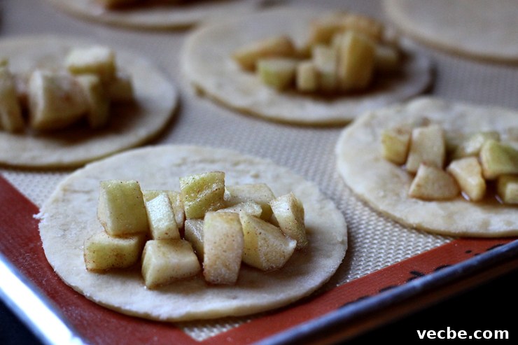 AppleCheddarHandpiesFilledPies Apple filling placed on dough rounds.