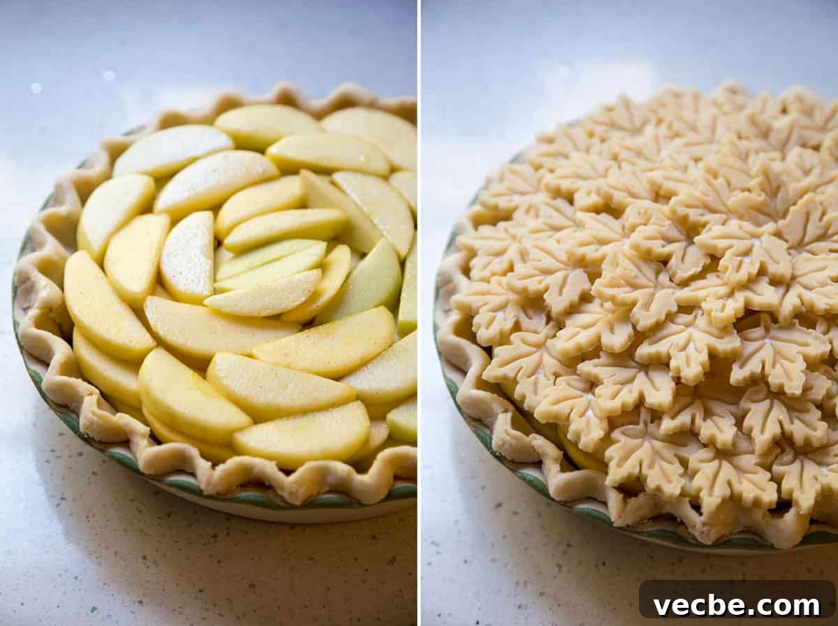 Apple Pie with a Maple Leaf Crust 8 Arranging apple pie filling and top crust before baking.