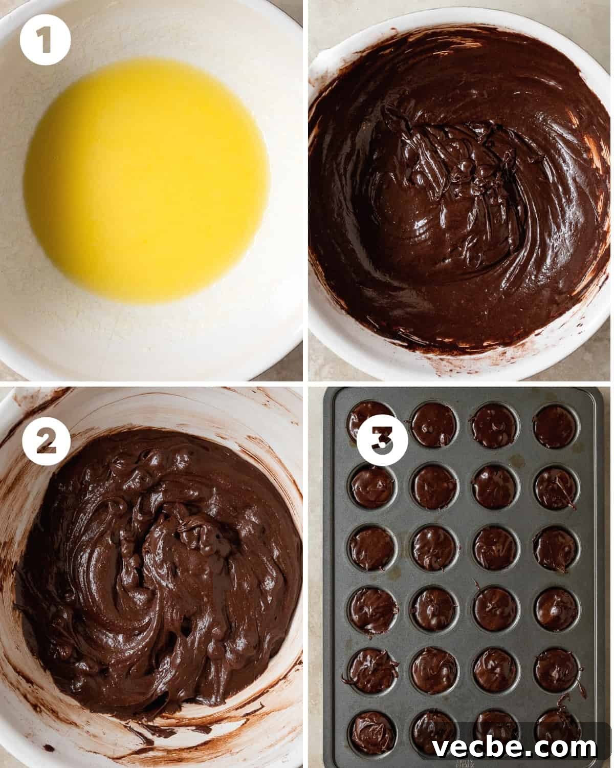 How to Make Fudgy Chocolate Brownie Bites 5 Preheat the oven to 350 F (177 C). Grease a 24 ct. Mini muffin pan. Add the unsalted butter and sugar to a heat safe bowl. Heat the butter and sugar until fully melted and well combined. This can be done as a “bain marie” or in the microwave. If using the microwave, heat the mixture 20 seconds at a time, stirring between heating intervals until fully melted and combined. Whisk in the cocoa powder, vanilla extract and eggs until smooth and well combined.
Whisk in the flour and chocolate chips until just combined with no streaks of flour.
Scoop the brownie batter into the prepared mini muffin pan. I like to use a tablespoon sized cookie scoop for this step.