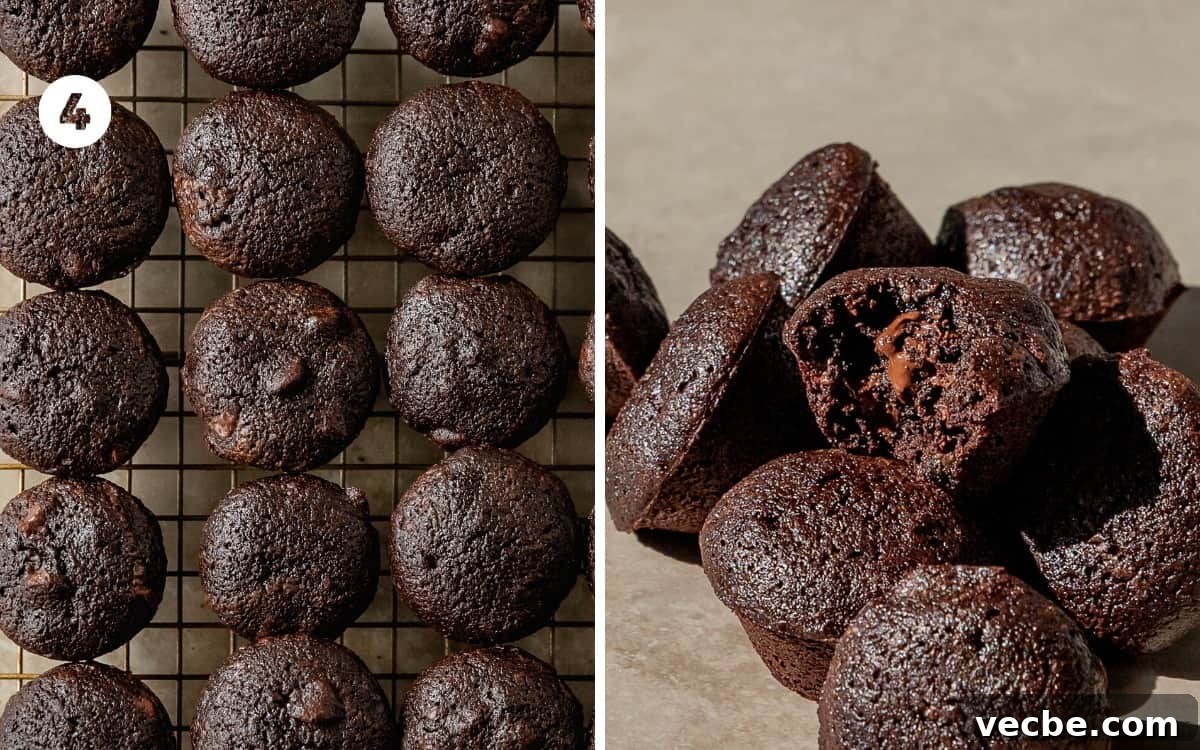 How to Make Fudgy Chocolate Brownie Bites 6 Bake for about 11-14 minutes. Cool the brownies in the pan for 10 minutes. Gently pop the mini brownies out of the pan. Cool to room temperature on a cooling rack or enjoy while they are warm, fudgy and gooey.