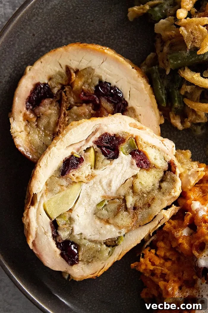 Apple Cranberry Stuffed Turkey Breast Recipe 2 overhead closeup: sliced stuffed turkey breast on a plate with the stuffing, apples, and cranberries showing