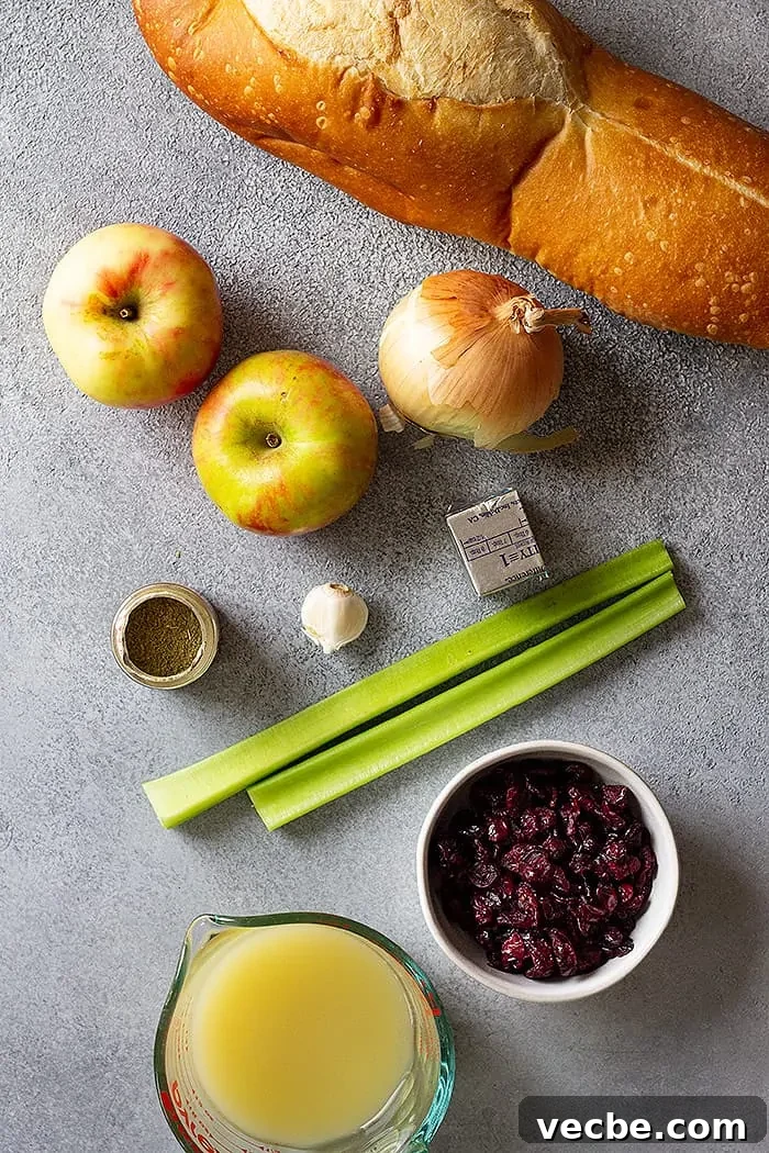 Apple Cranberry Stuffed Turkey Breast Recipe 3 overhead: ingredients to make the apple cranberry stuffing for the stuffed turkey
