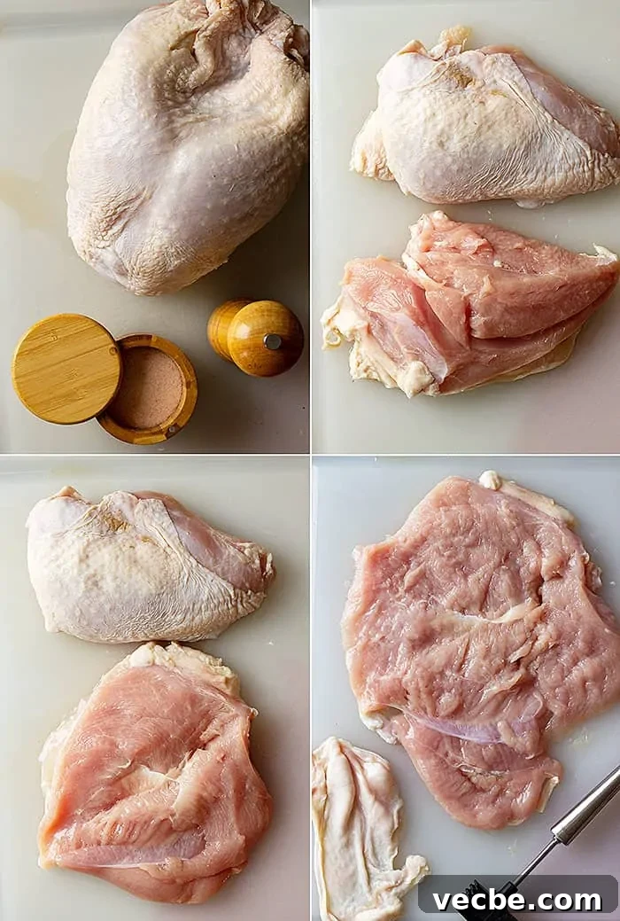 Apple Cranberry Stuffed Turkey Breast Recipe 4 overhead collage showing how to debone a turkey breast