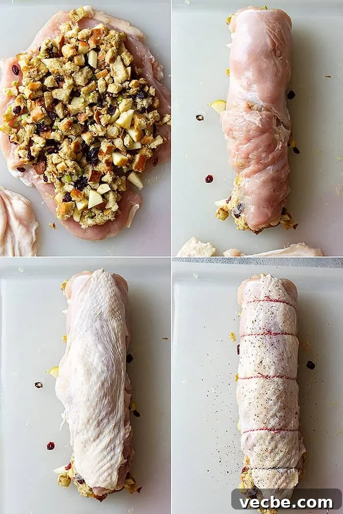 Apple Cranberry Stuffed Turkey Breast Recipe 5 overhead collage: how to stuff and roll the turkey breast
