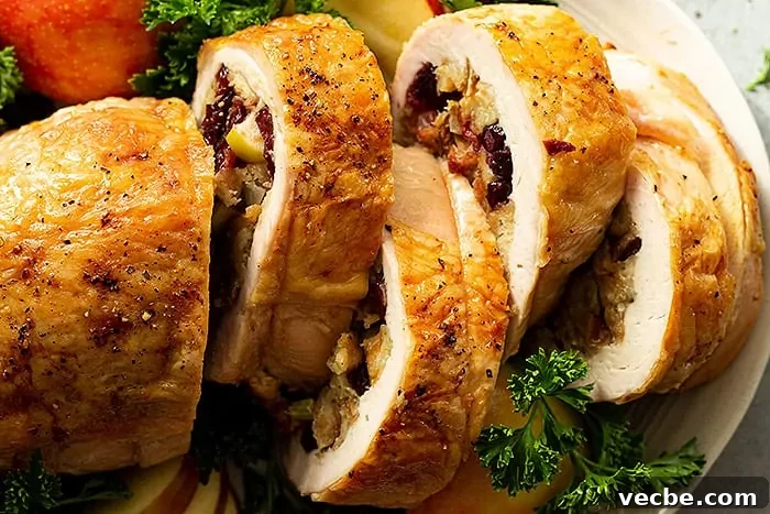 Apple Cranberry Stuffed Turkey Breast Recipe 7 overhead closeup: several slices of stuffed turkey breast garnished with cut apples, parsley, and dried cranberries on the serving plate