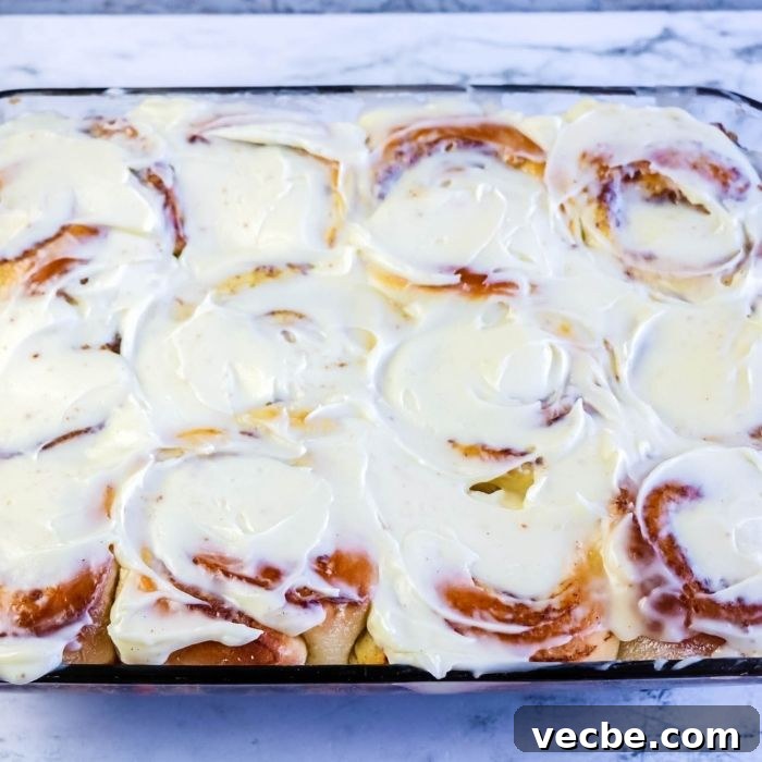 Bread Machine Cinnamon Rolls with Cream Cheese Icing 2 overhead shot of cinnamon rolls in pan