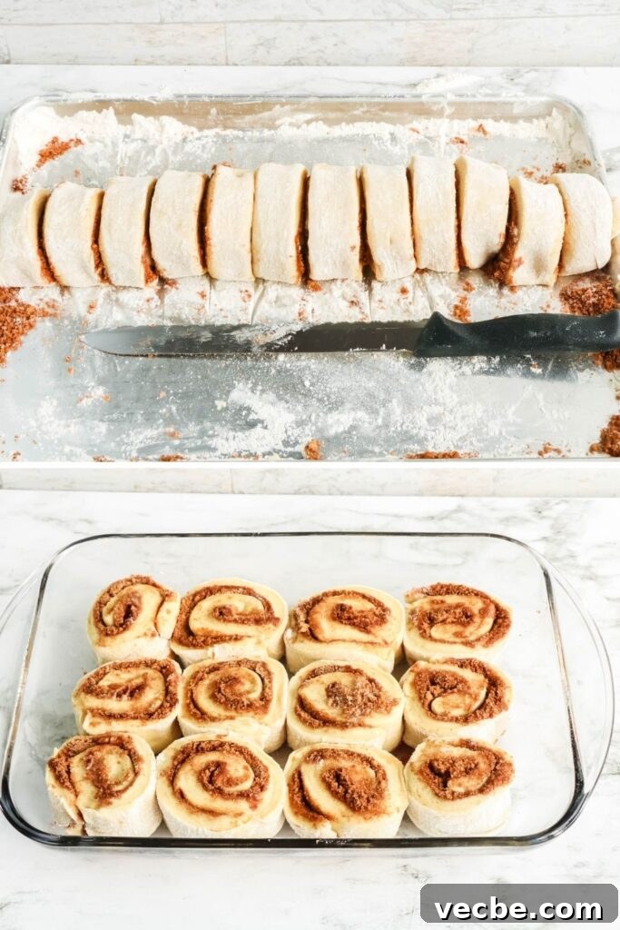 Bread Machine Cinnamon Rolls with Cream Cheese Icing 6 cinnamon cinnabons cutting and placing in pan to rise