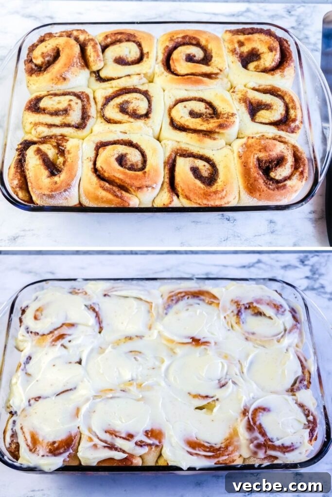 Bread Machine Cinnamon Rolls with Cream Cheese Icing 7 two pictures of cinnamon rolls done in pan and then image frosting
