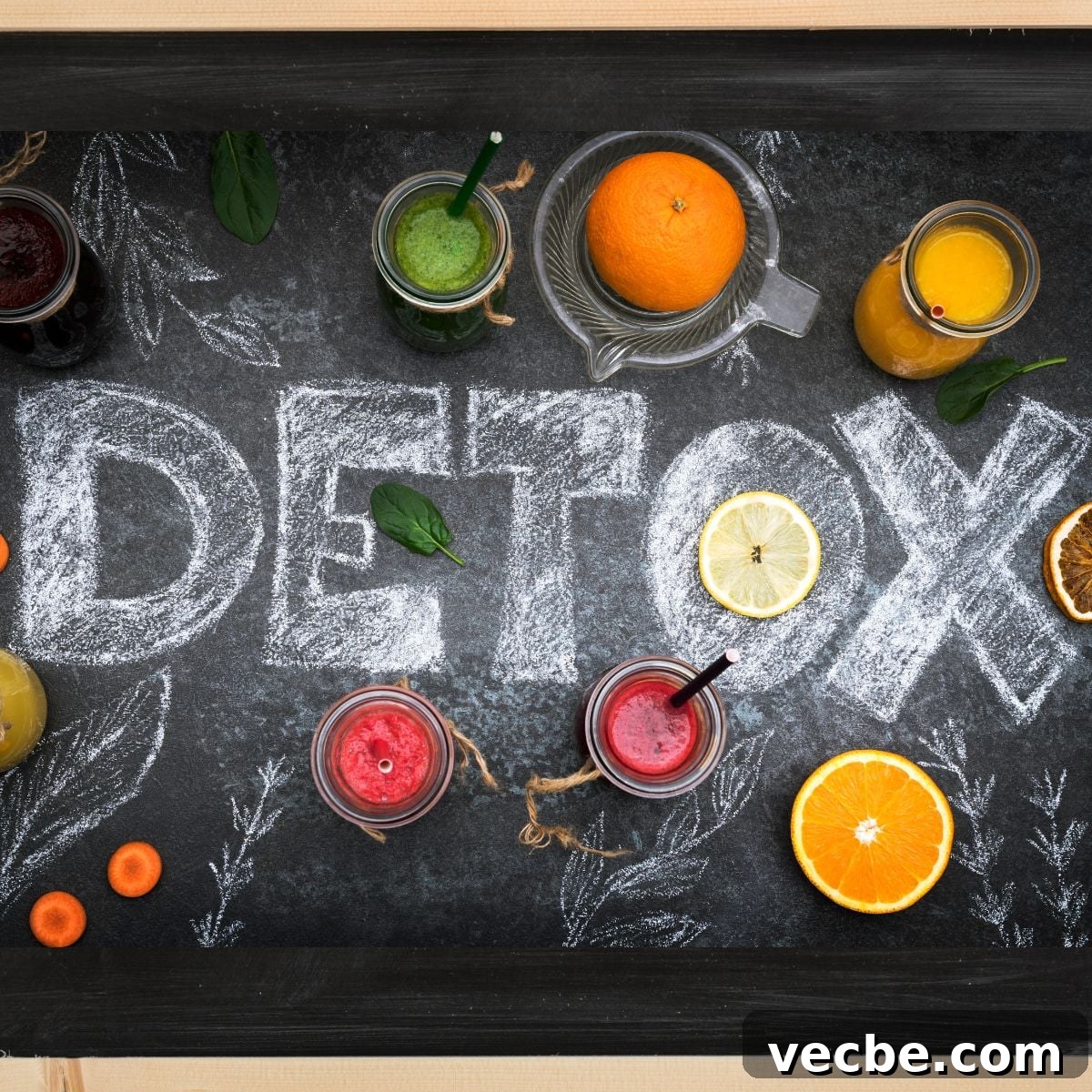 Hidden Detox Symptoms: Is Your Body Struggling to Detox? PDF Plan 3 A black board with detox writing and glasses of detox juices around: Signs and symptoms for impaired detox system