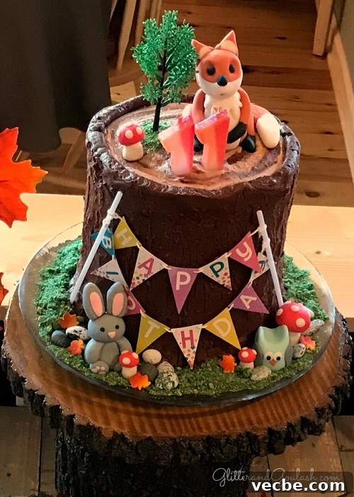 Woodland Friends Birthday Party Ideas for Kids 13 Woodland stump birthday cake