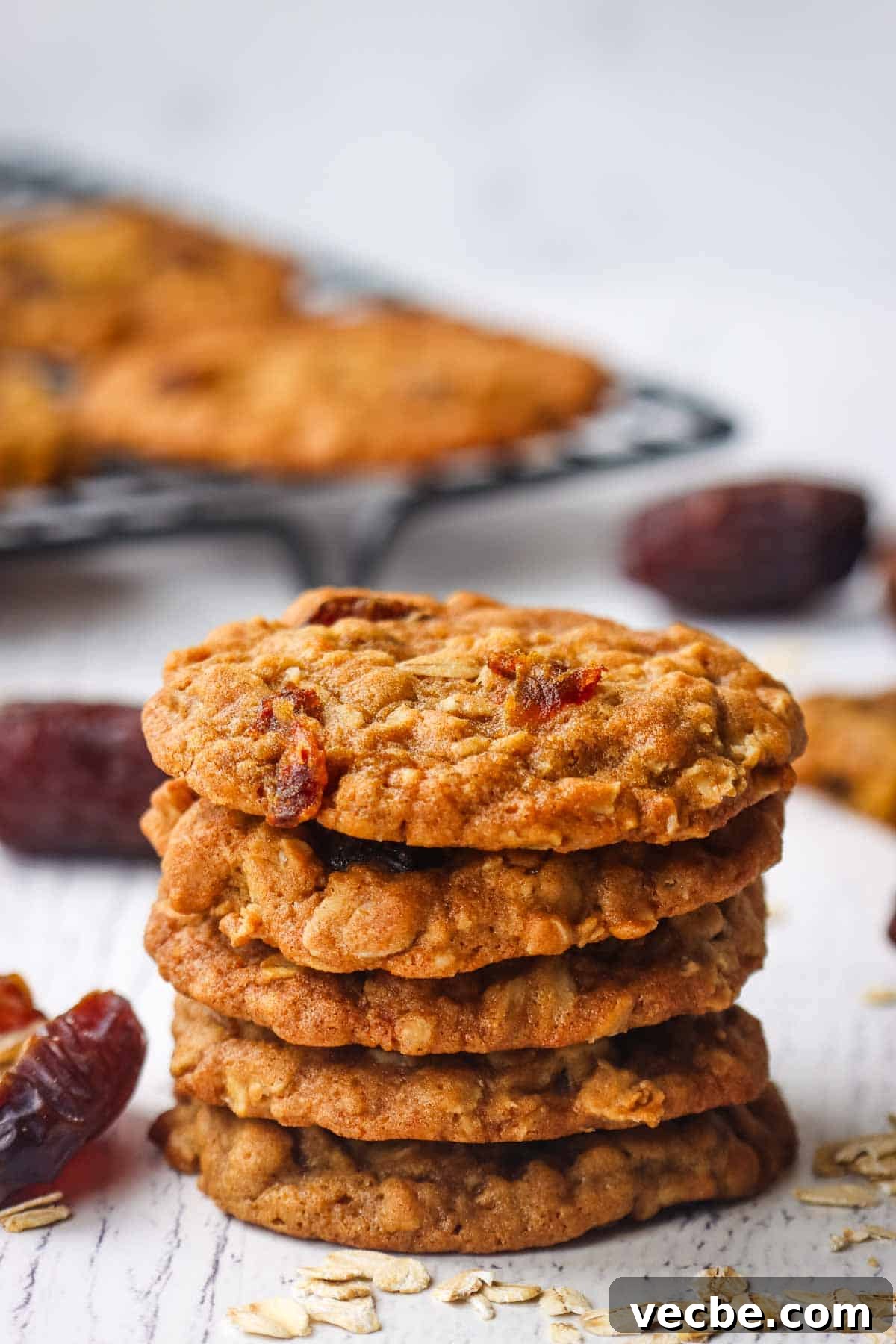Chewy Date Oatmeal Cookies with Cinnamon 2 A stack of oatmeal date cookies on a plate.