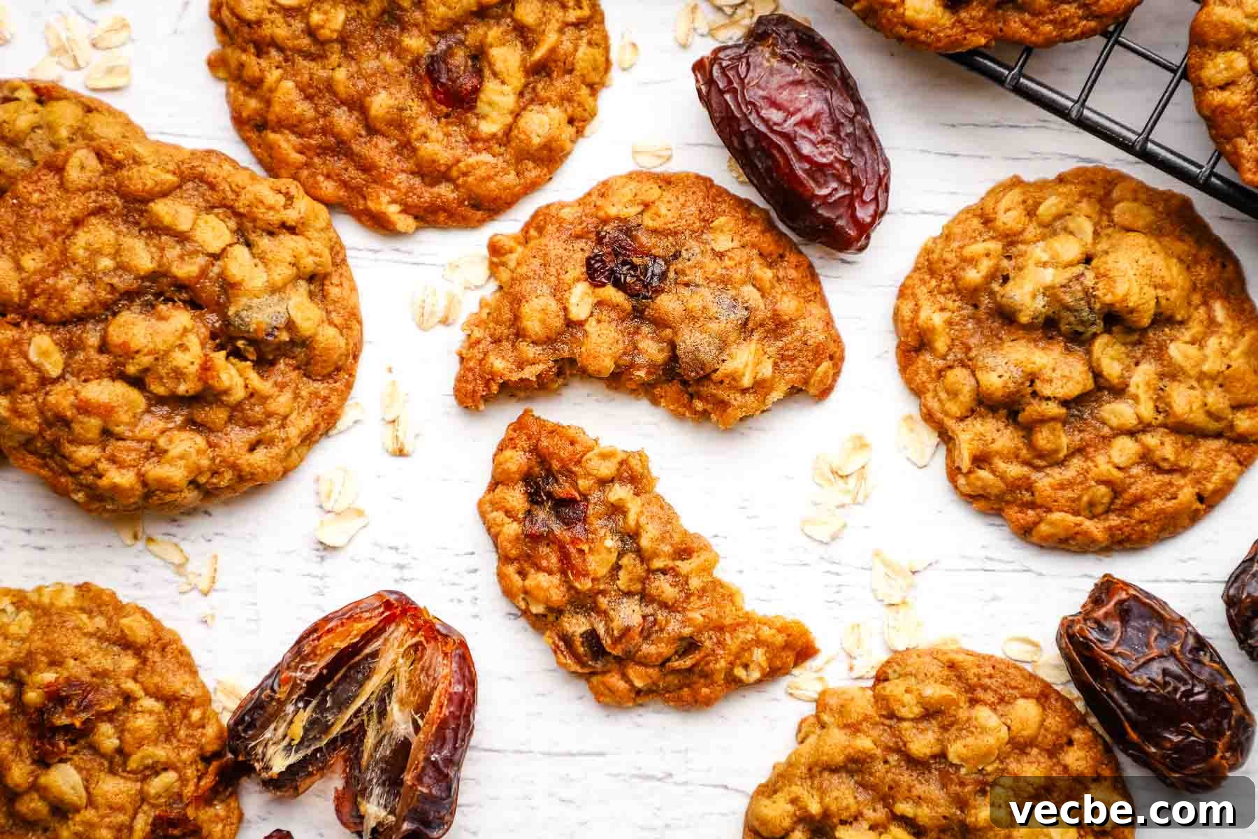 Chewy Date Oatmeal Cookies with Cinnamon 3 overhead view of oatmeal date cookies with one cookie broken in half