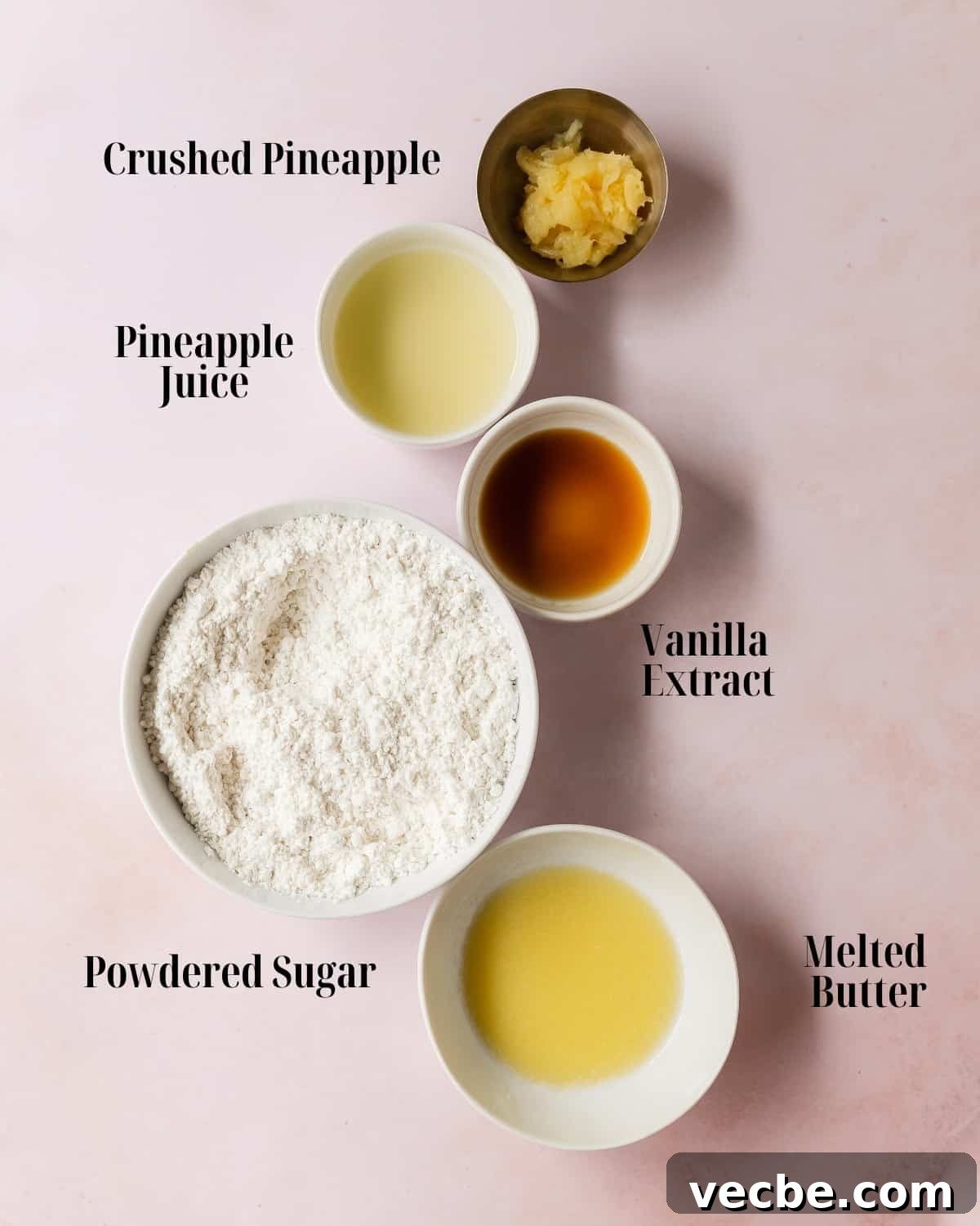 Moist Pineapple Pound Cake with Sweet Tropical Flavor 4 Ingredients for pineapple glaze including melted butter, powdered sugar, pineapple juice, vanilla extract, and crushed pineapple.