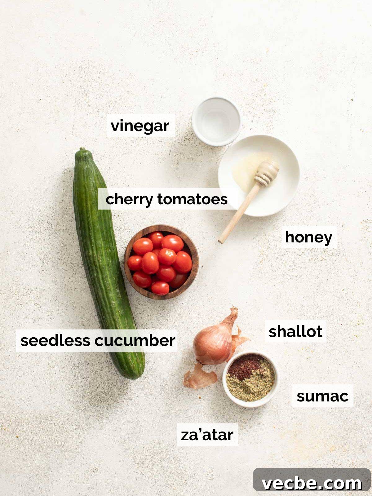 Refreshing Mediterranean Cucumber Salad with Feta and Mint 3 Ingredients for mediterranean cucumber salad on a white background.