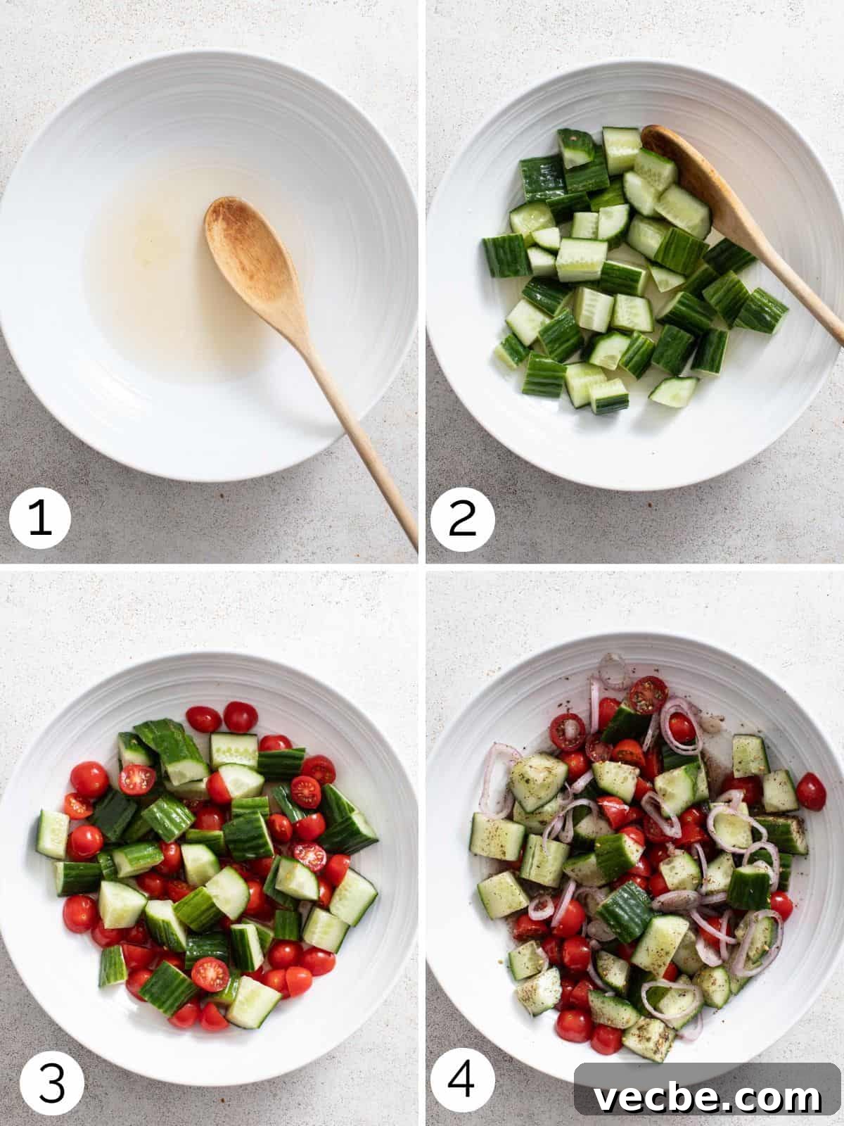 Refreshing Mediterranean Cucumber Salad with Feta and Mint 4 Process photos showing how to make a chopped cucumber salad with tomatoes and shallots.
