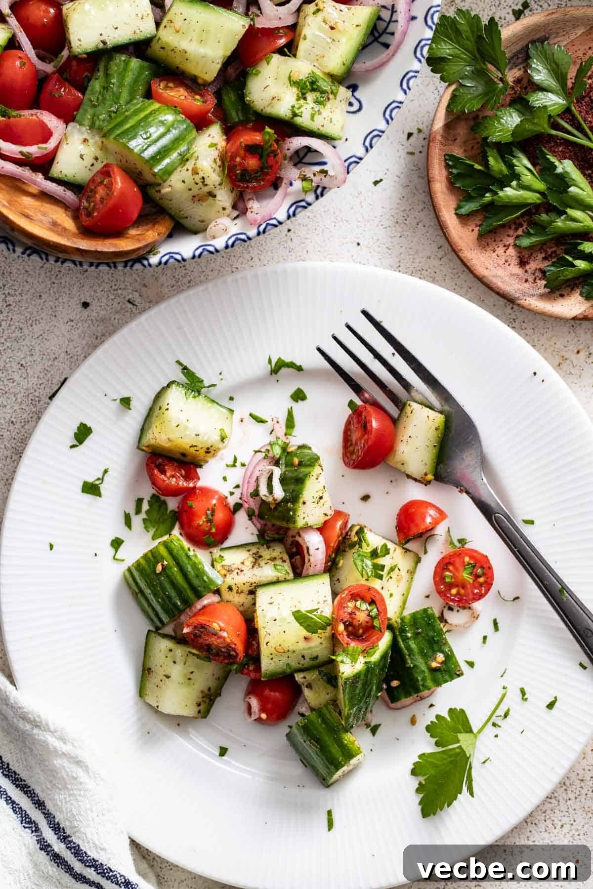 Refreshing Mediterranean Cucumber Salad with Feta and Mint 6 A white plate with a serving of cucumber salad next to a fork