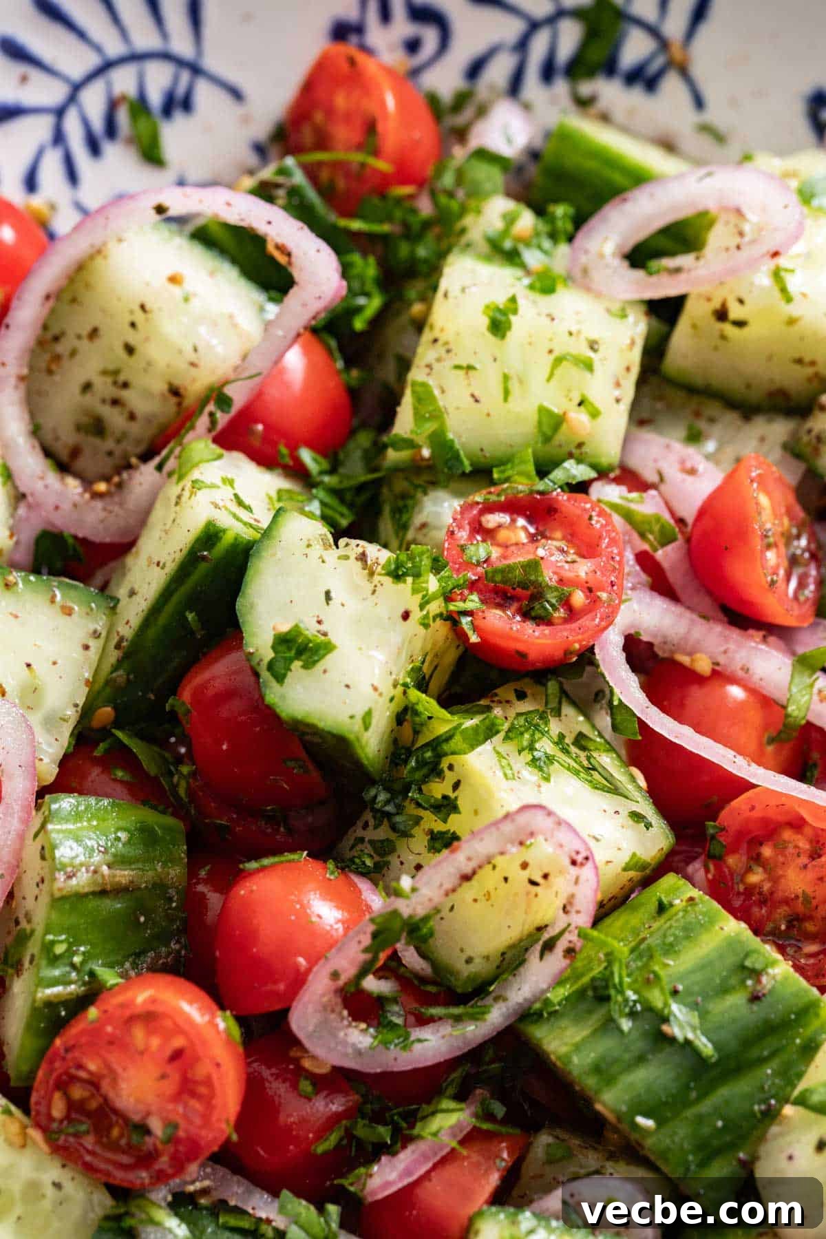 Refreshing Mediterranean Cucumber Salad with Feta and Mint 7 A close up shot to see the details of chopped cucumber, tomatoes, shallot, and spices.