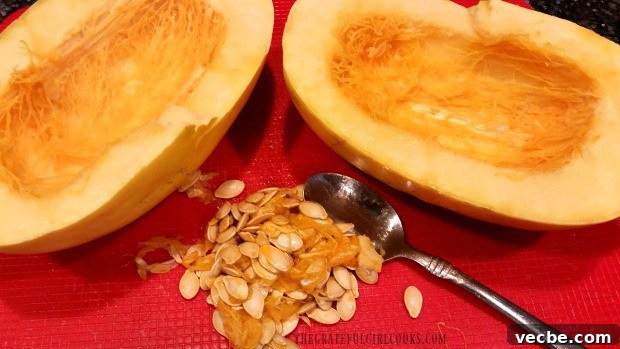 How To Cook Spaghetti Squash Seeds and pulp removed from spaghetti squash halves