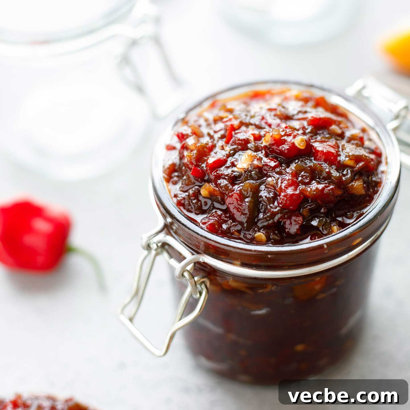 Homemade Sweet and Spicy Pepper Relish Recipe 11 Closeup of finished recipe in open canning jar with other jars and peppers in background.