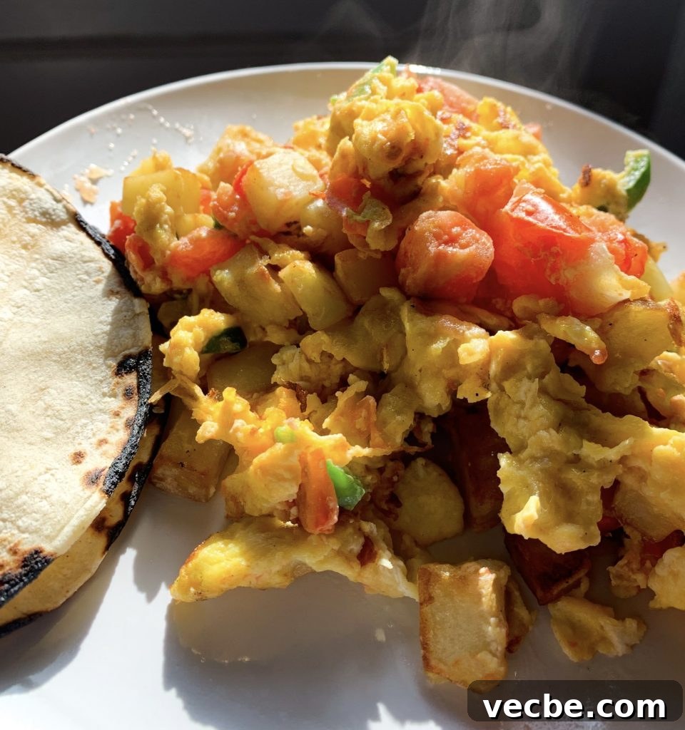Papas con Huevo: Mexican Potato and Egg Breakfast Scramble 6 Papas con Huevo with Tomatoes and Jalapeños and a Tortilla
