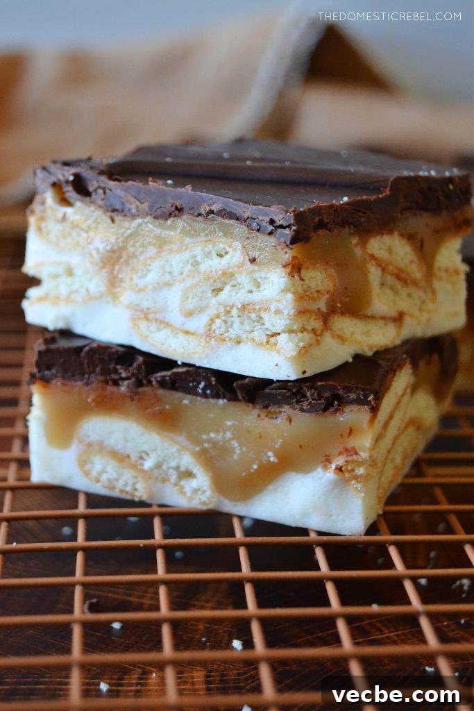 No-Bake Marshmallow Twix Bars Recipe 5 a closeup stack of two marshmallow twix bars