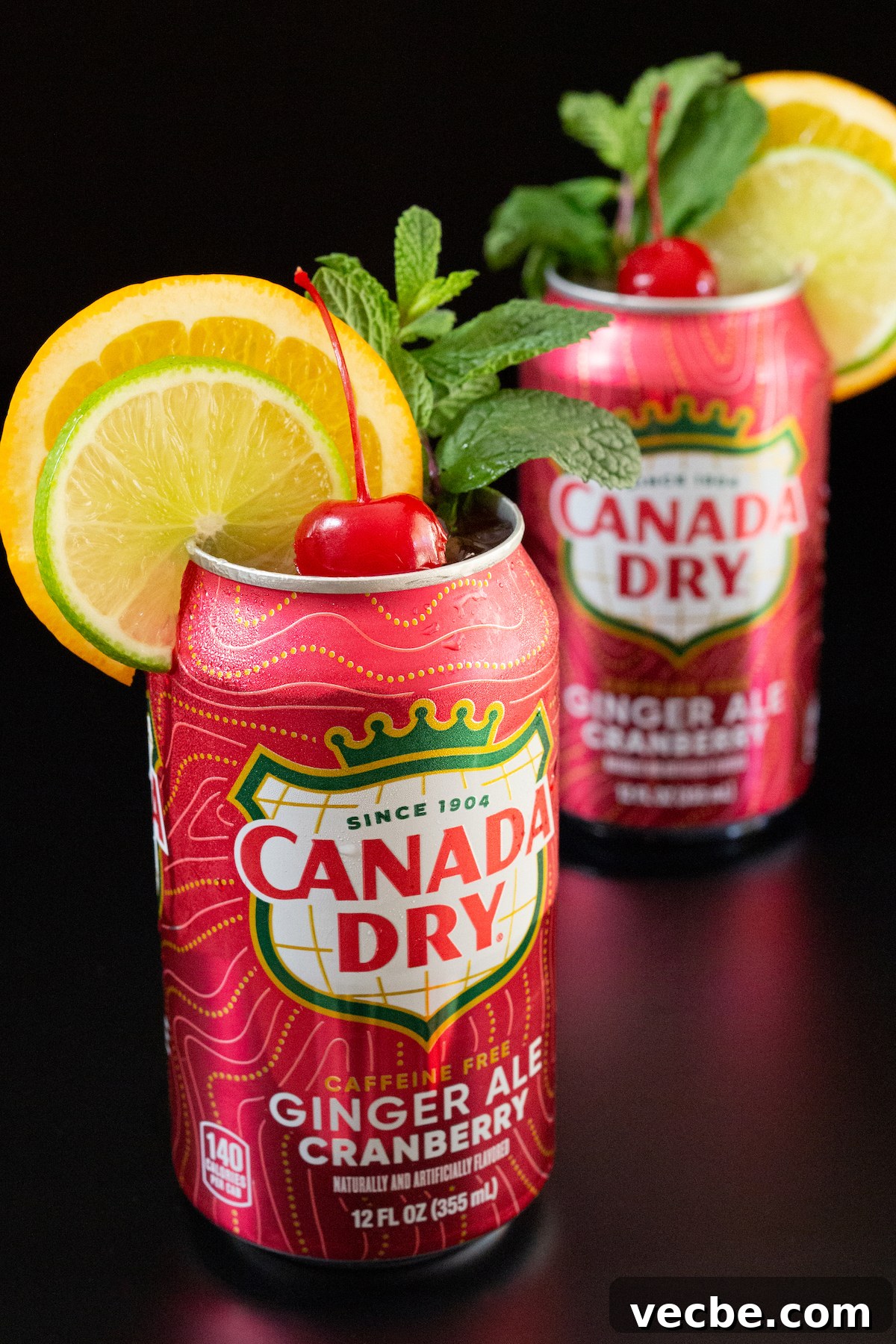 How to Make Canned Christmas Punch 3 Two cans of Canada Dry Ginger Ale Cranberry have the tops taken off and are garnished with lime and orange wheels, a maraschino cherry, and a mint sprig.