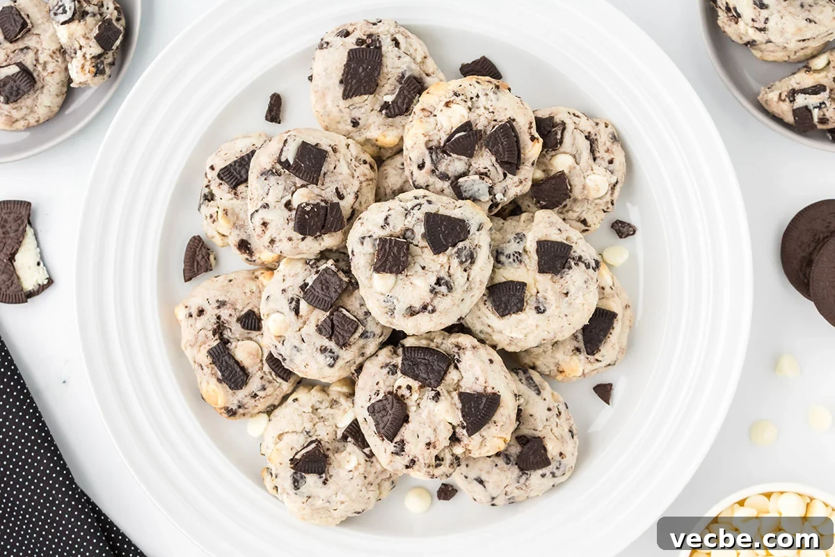 Cookies and Cream Cheesecake Cookie Bites 11 Cookies stacked on a round white serving platter.