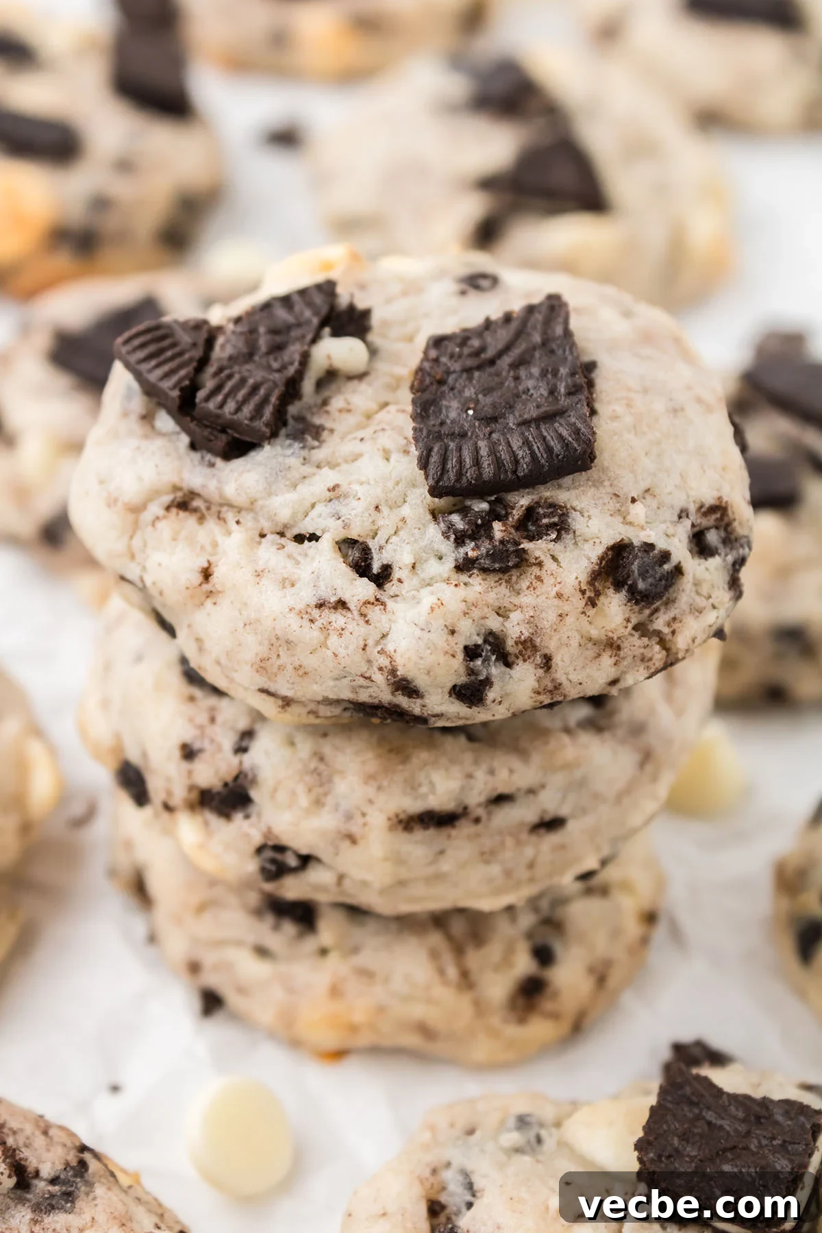 Cookies and Cream Cheesecake Cookie Bites 12 Cookies stacked together on parchment paper.