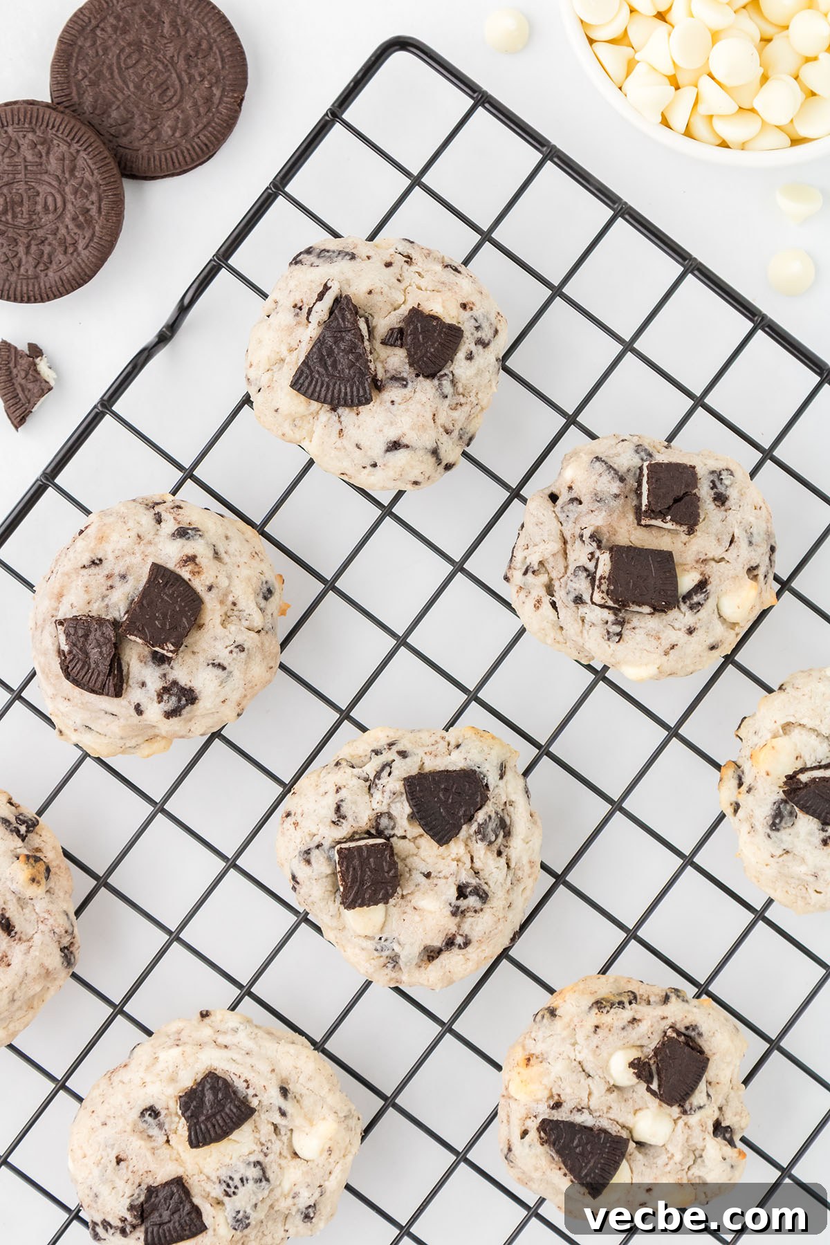 Cookies and Cream Cheesecake Cookie Bites 10 Cookies cooling on a wire rack.
