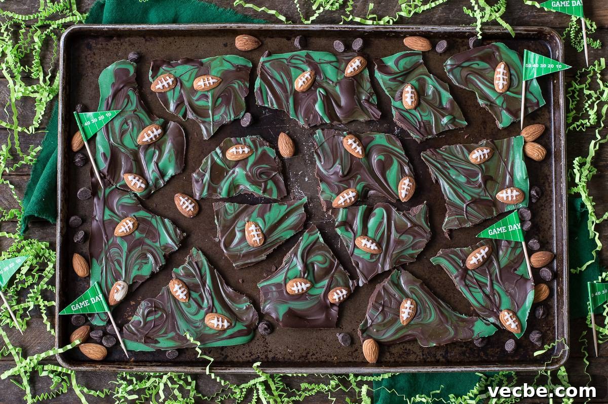 Game Day Football Chocolate Bark 4 Finished football bark broken into pieces for a game day dessert tray.