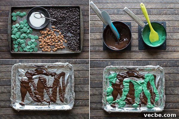 Game Day Football Chocolate Bark 5 Step-by-step football bark process with melted chocolate and green candy melts.