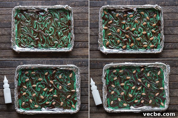 Game Day Football Chocolate Bark 6 Decorating almond footballs on homemade candy bark.