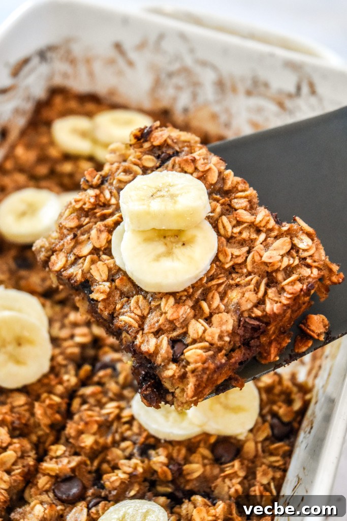 Chocolate Chip Banana Bread Baked Oatmeal Recipe 12 a slice of chocolate chip banana bread baked oatmeal with fresh bananas on top.