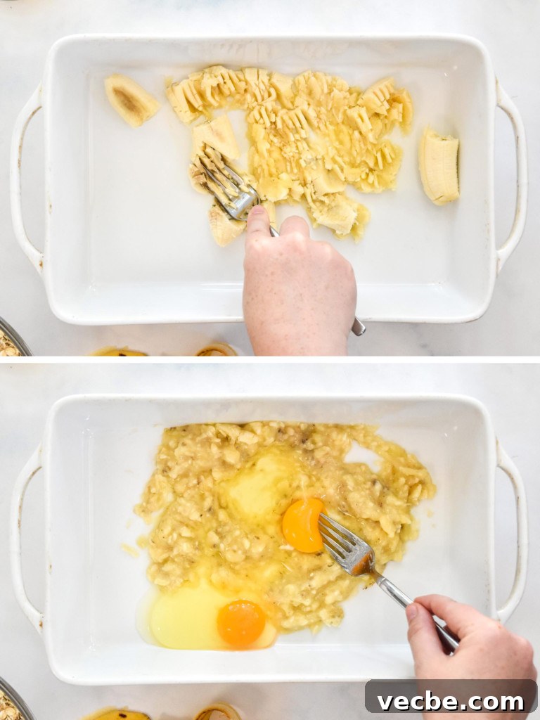 Chocolate Chip Banana Bread Baked Oatmeal Recipe 4 mashing bananas and whisking eggs in a casserole dish to make the baked oatmeal.