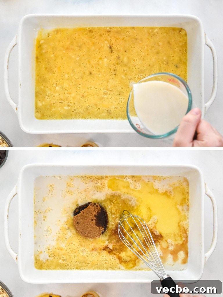 Chocolate Chip Banana Bread Baked Oatmeal Recipe 5 adding the milk and other wet ingredients to the bananas and eggs in a casserole dish.
