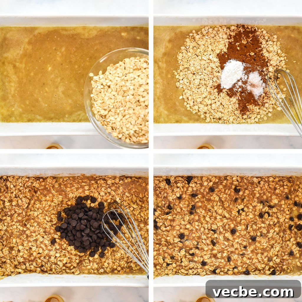 Chocolate Chip Banana Bread Baked Oatmeal Recipe 6 adding the dry ingredients and mixing the chocolate chip banana bread baked oatmeal before baking.