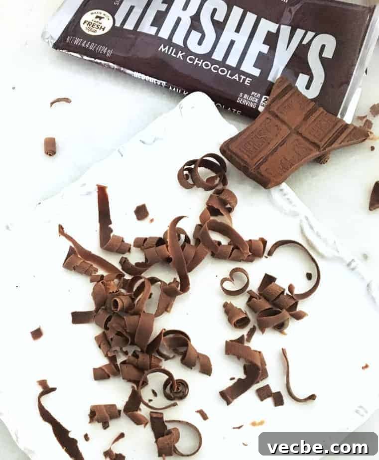 Moist and Decadent Chocolate Cake Recipe 6 chocolate curls on a white plate with Hershey's bar