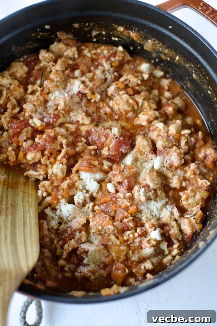 Chicken Ragu with Spaghetti Squash Nests Recipe 8 Chicken Ragu, after stewing for awhile on the stove, stirring in the parmesan cheese.