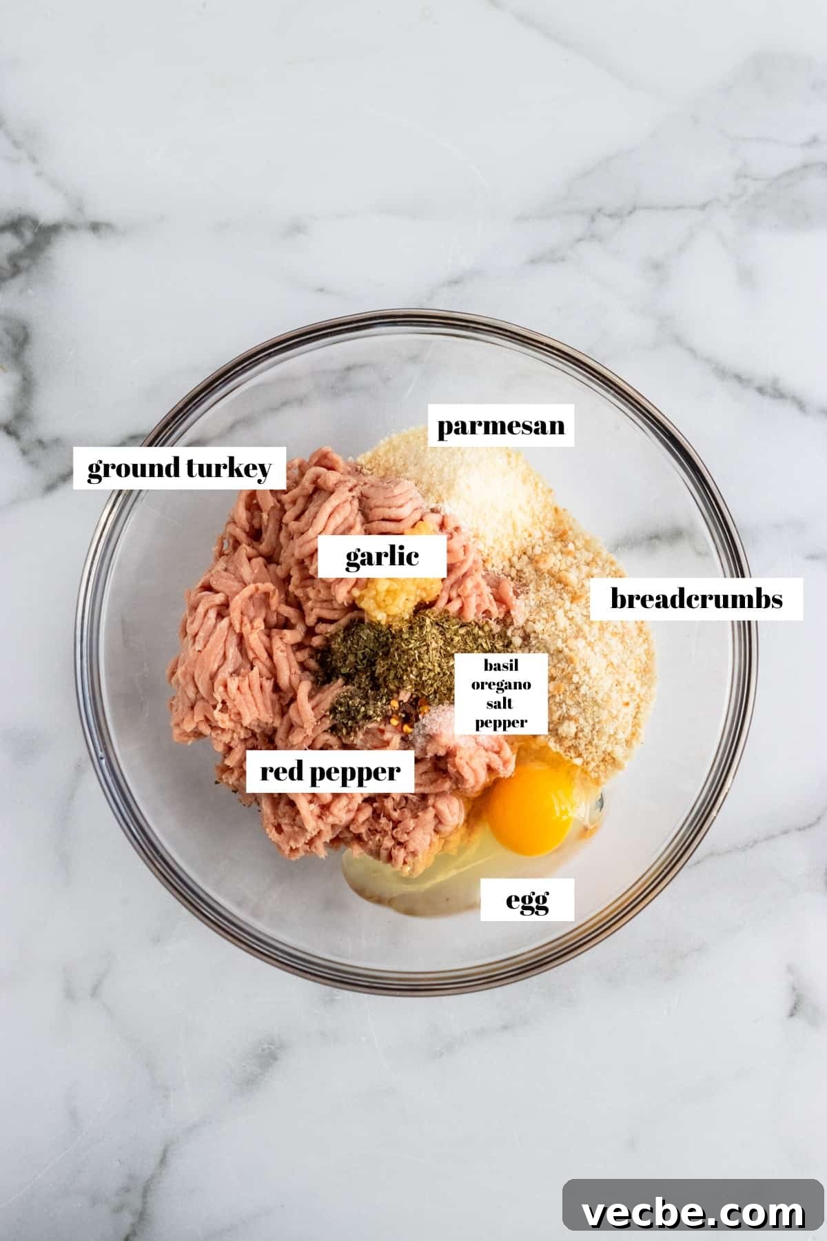 Mozzarella Stuffed Turkey Meatballs Recipe 3 Meatball ingredients in mixing bowl labeled.