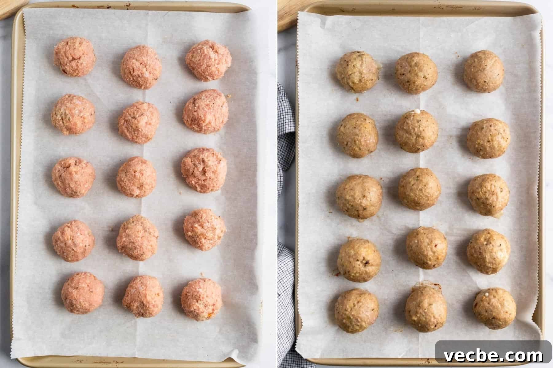 Mozzarella Stuffed Turkey Meatballs Recipe 5 Meatballs lined on baking sheet.