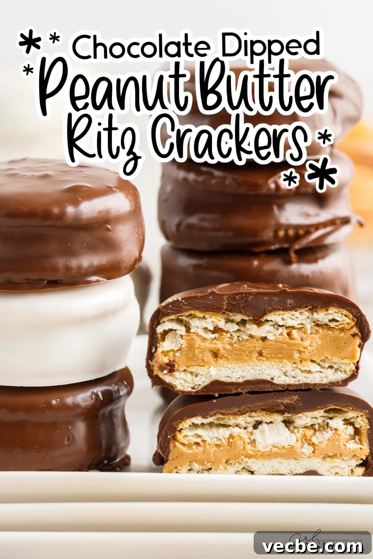 Chocolate-Dipped Peanut Butter Ritz Cracker Bites 2 Stacks of Chocolate Dipped Peanut Butter ritz crackers showing the insides, with text overlay.
