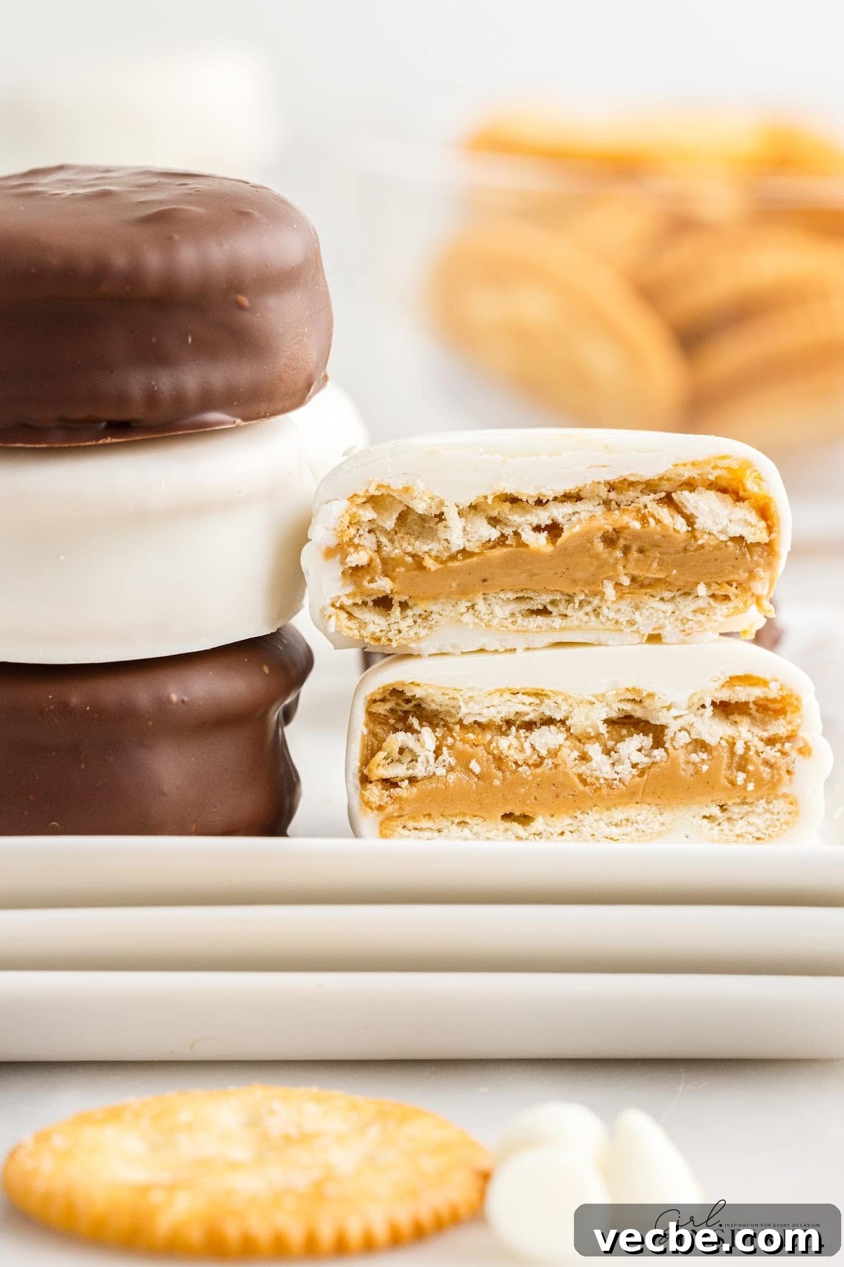 Chocolate-Dipped Peanut Butter Ritz Cracker Bites 13 Stacks of Chocolate Dipped Peanut Butter ritz crackers showing the insides, with text overlay.